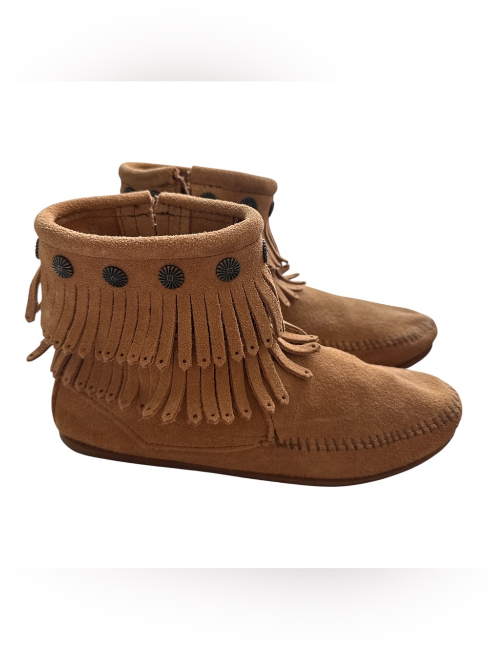 Minnetonka Women's Moccasins Brown Double Fringe Side Zip Ankle Boots Sz 6.5